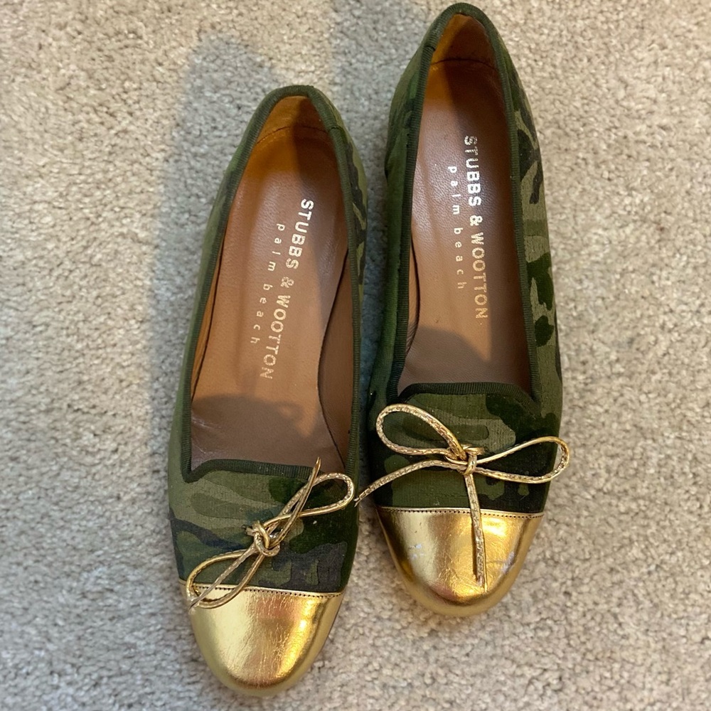 Stubbs & Wootton Camo Gold Toe Bow Flats